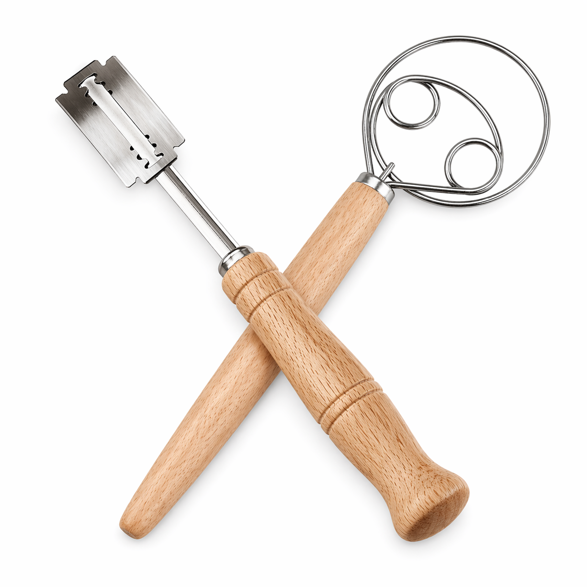 Baker's kit with Danish dough whisk and bread lame with wooden handles