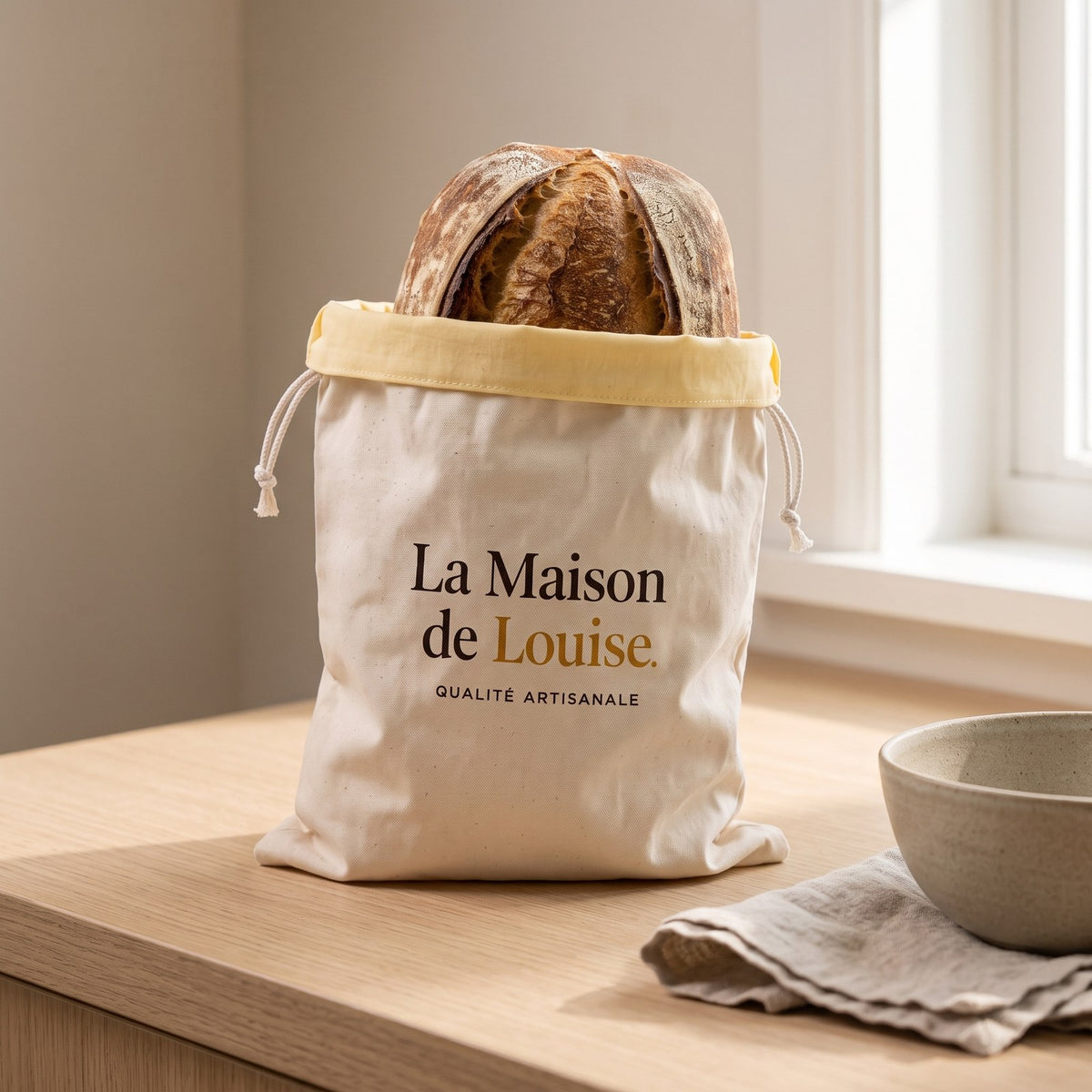 The Louise Bag with a sourdough loaf on an oak counter by the window