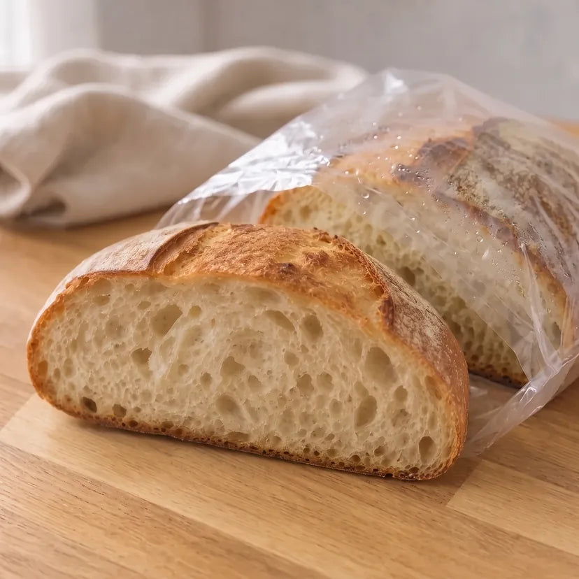 Same loaf in the plastic bag, day 2: condensation, the crust goes soft