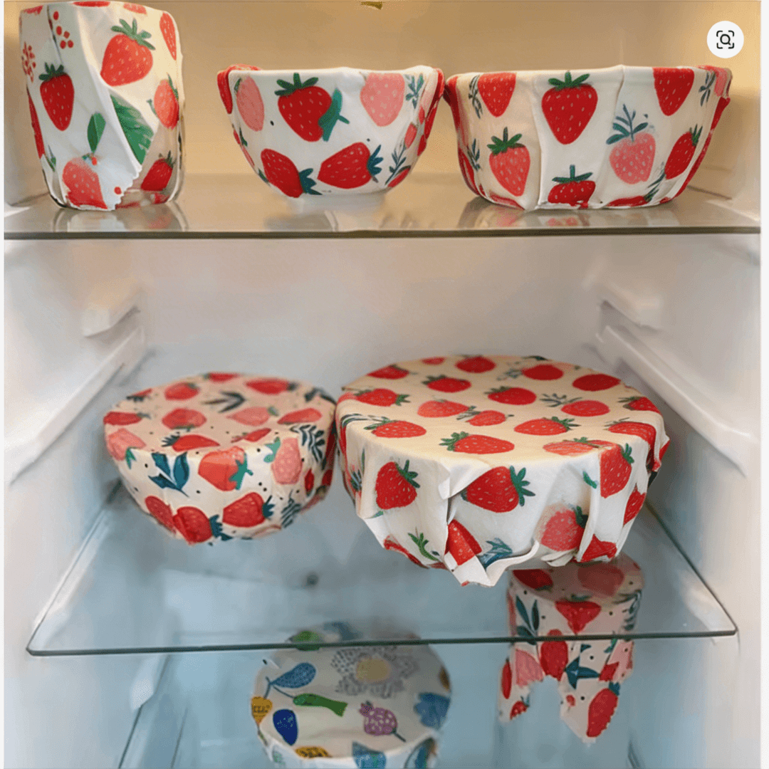 Reusable beeswax food wrap covering a bowl