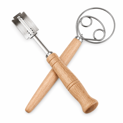 Baker's kit with Danish dough whisk and bread lame with wooden handles