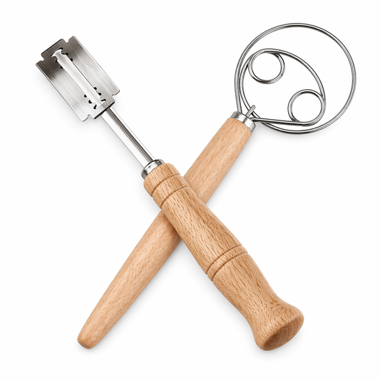 Baker's kit with Danish dough whisk and bread lame with wooden handles