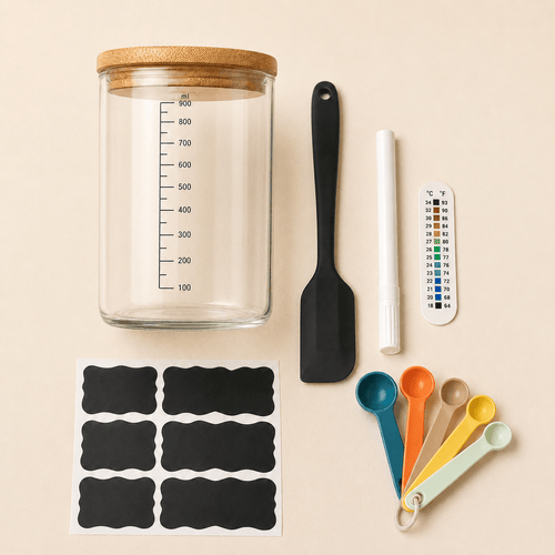 Complete sourdough starter kit with graduated glass jar and thermometer