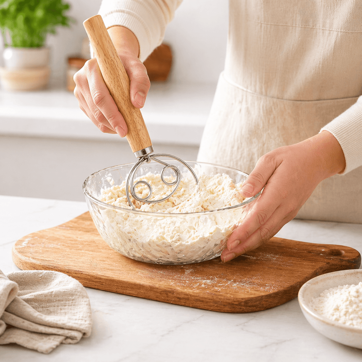 Close-up of the Danish dough whisk coil