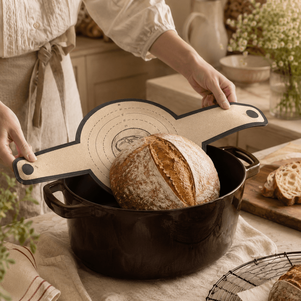 Bread lowered into a Dutch oven with the baking mat
