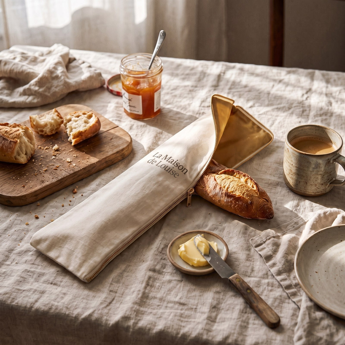 The Baguette Bag at a French breakfast table