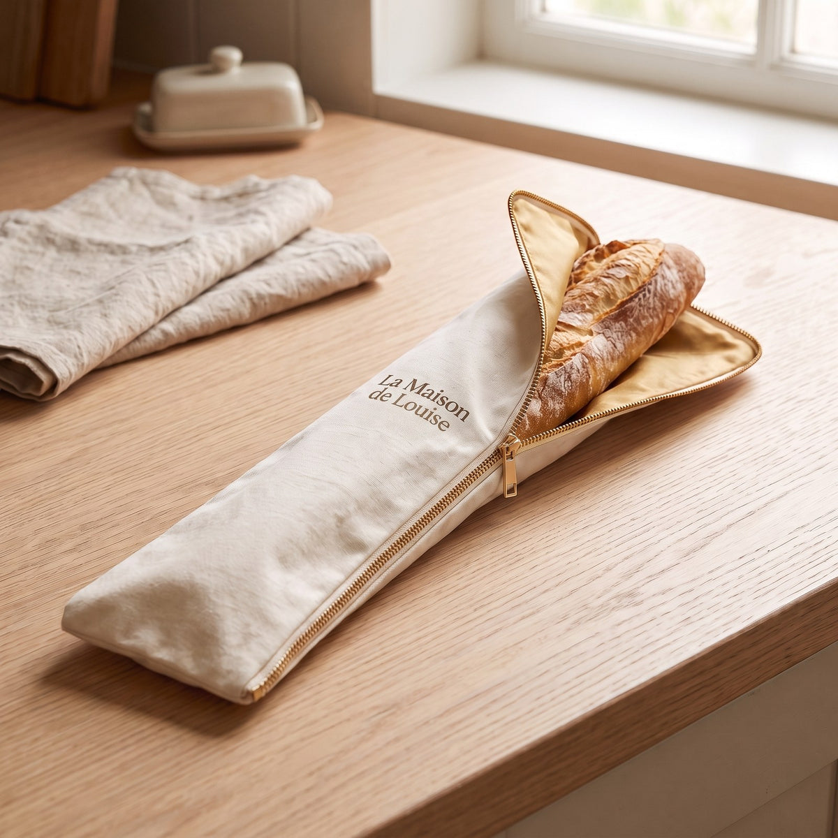 The Baguette Bag, zipper open, on an oak counter