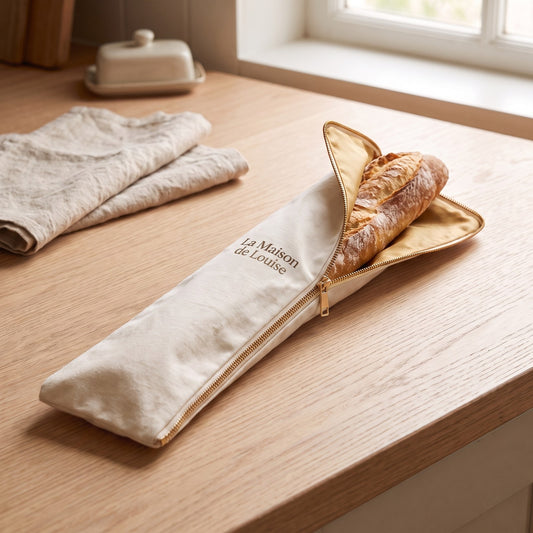 The Baguette Bag, zipper open, on an oak counter