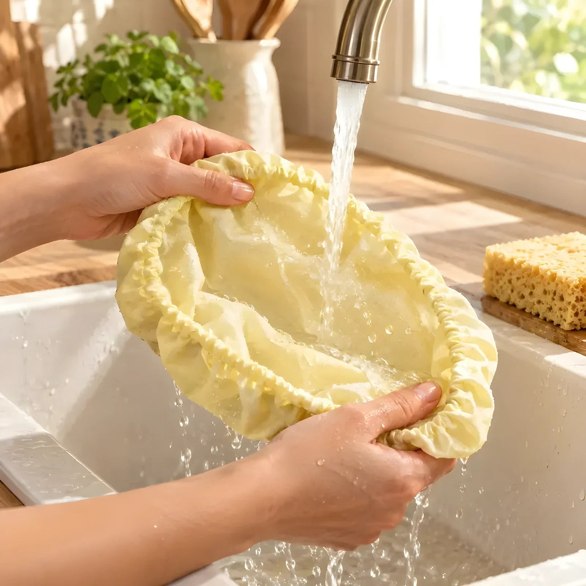 Rinse the beeswax lining in cold water