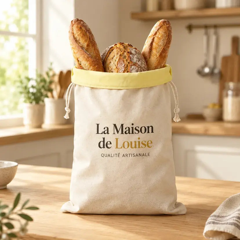 The Louise Bag in cotton and beeswax, 13 × 17 in, on a kitchen counter